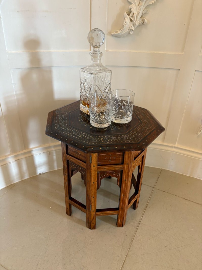 Small Antique Quality Brass and Bone Inlaid Indian Teak Table - Image 2